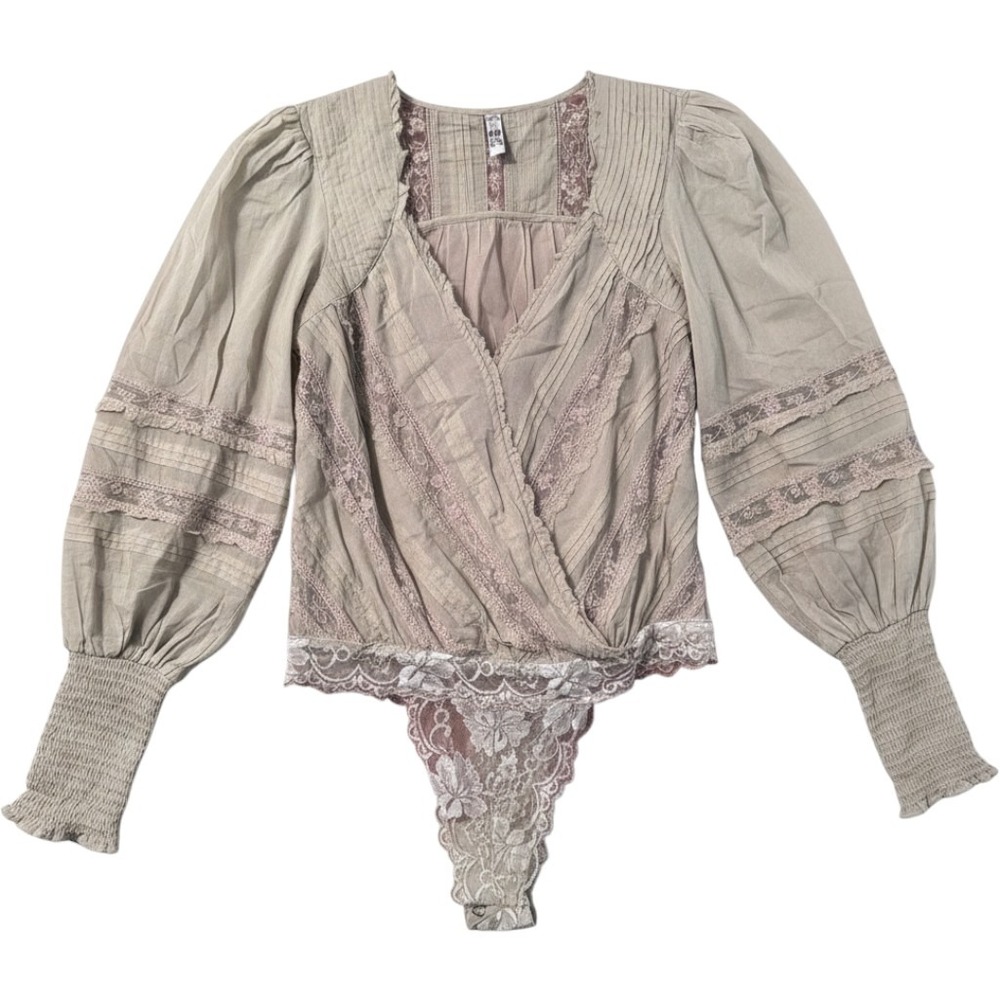Free People Bodysuit Small Sage Green Lace Wrap Balloon Sleeve Victorian Regency